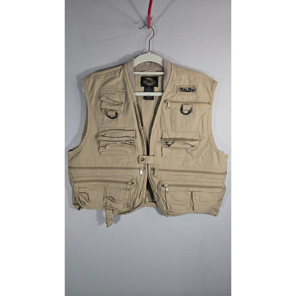 White River Fly Shop Fishing Vest Zip Up Sleeveless Beige/Khaki Men’s Size M BU